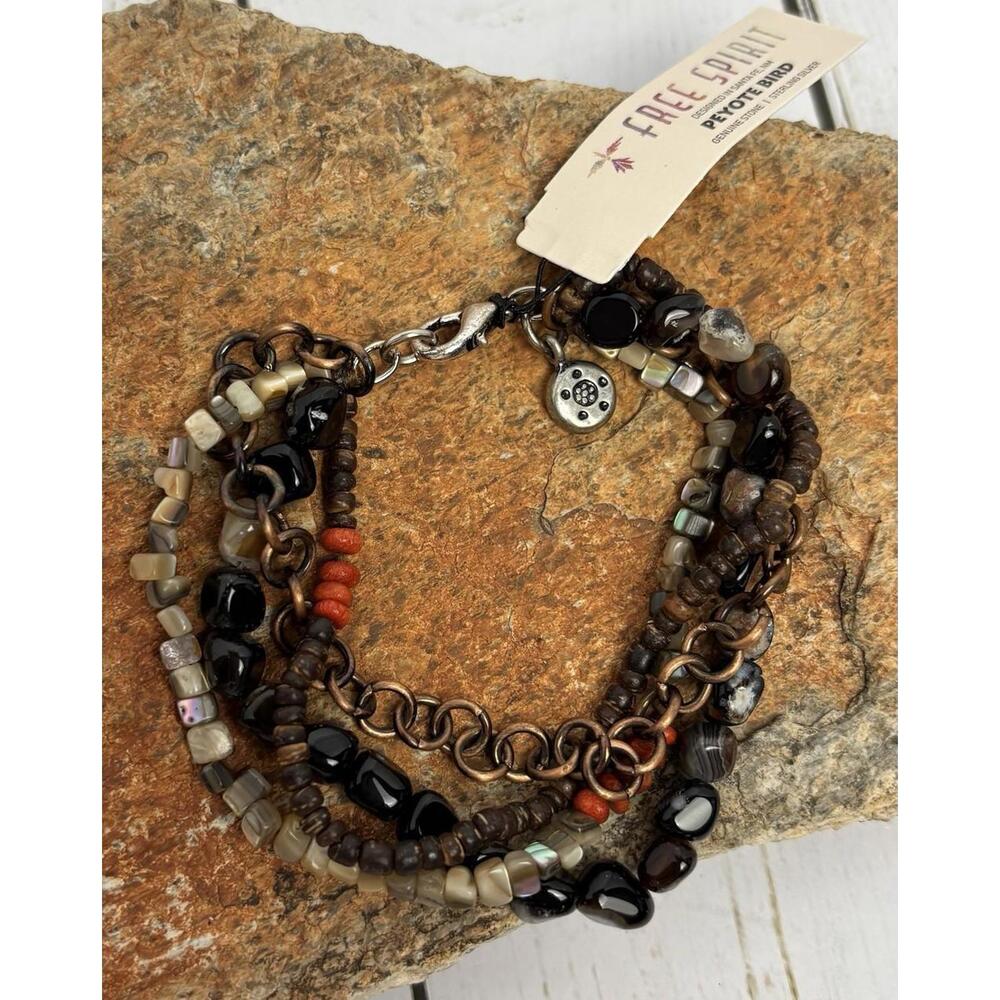 Peyote Bird Abalone Coral Obsidian‎ Sterling Bracelet J196
